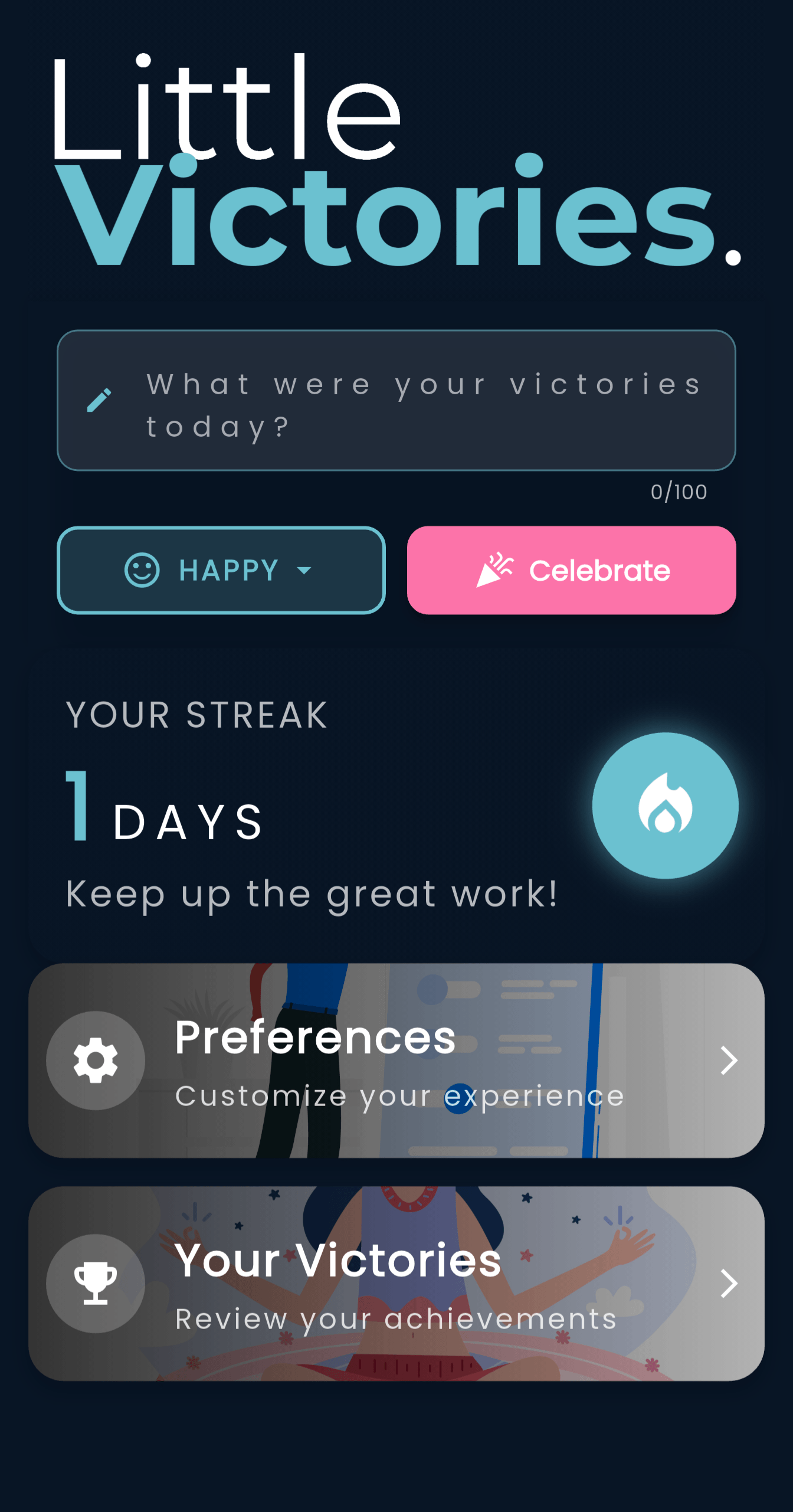 Little Victories App Screenshot showing daily victory tracking interface with mood tracking and reflection prompts
